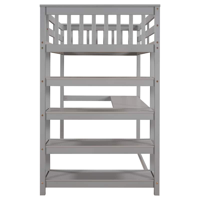 Full Size Loft Bed with Built-in Desk and Storage Shelves, White