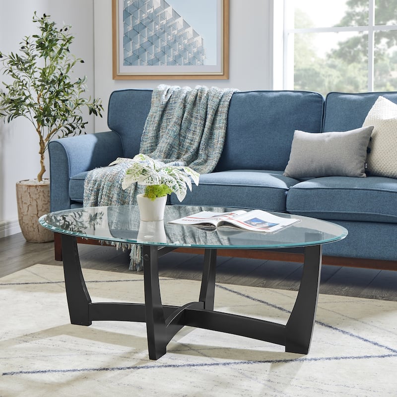 Roomfitters 48-Inch Oval Glass Coffee Table with Metal Frame and Faux Marble MDF Shelf, Modern Center Table, Living Room - Black