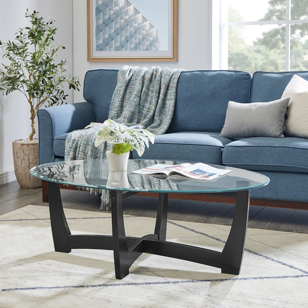 Roomfitters 48-Inch Oval Glass Coffee Table with Metal Frame and Faux Marble MDF Shelf, Modern Center Table, Living Room