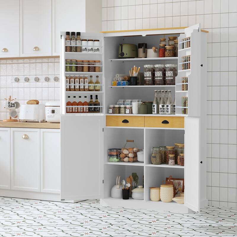 Kitchen Pantry with 2 Drawers, 2 Adjustable Shelves and 8 Door Shelves - White