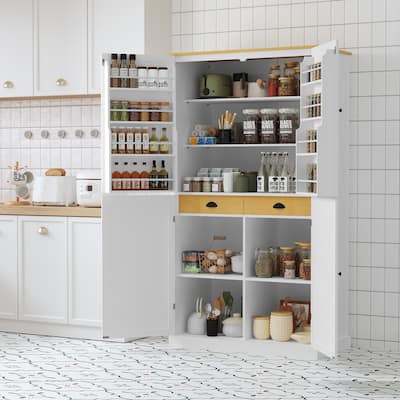 Tall Kitchen Pantry w/ 2 Drawers & 4 Doors, Freestanding Large Cupboard Storage Cabinet w/ 2 Adjustable Shelves & 8 Door Shelves