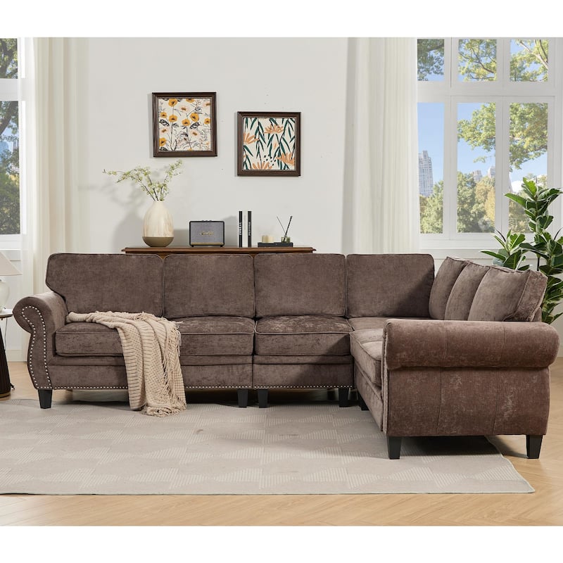 Modern Chenille Fabric Modular L Shaped Sectional Sofa Couch,6 Seater