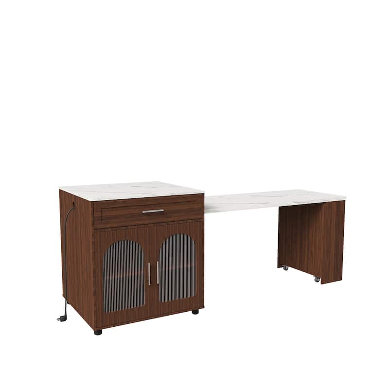 80" Expandable Kitchen Island with Dining Table with Marble-Grain Countertop with Power Outlet