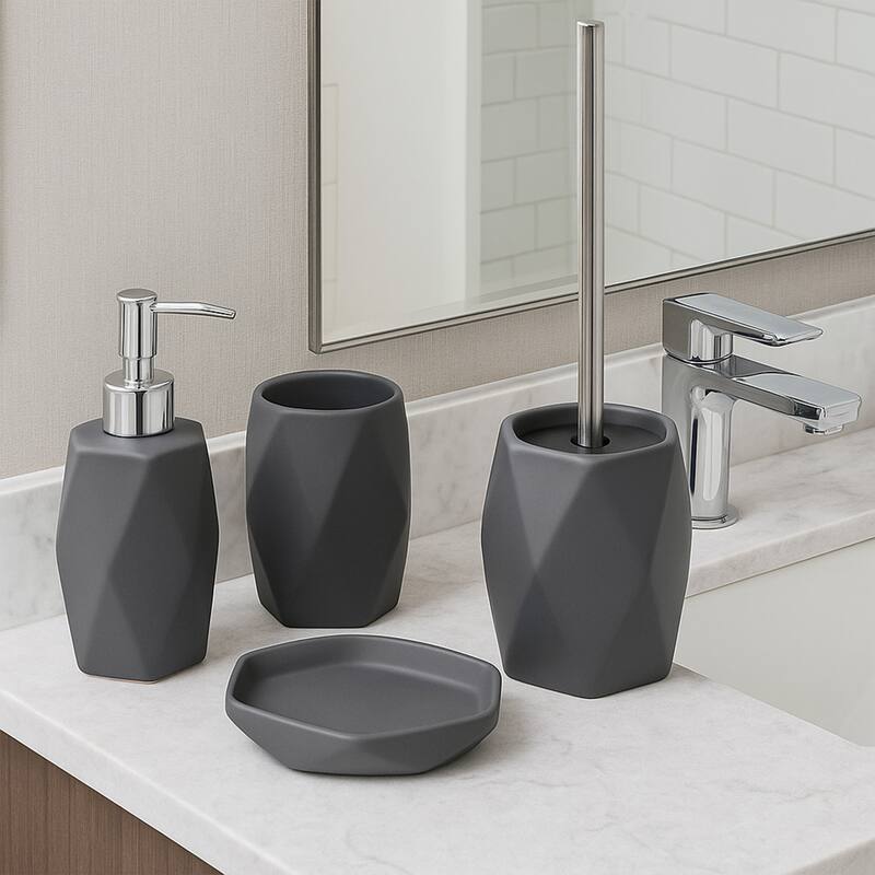 Bath Toilet Bowl Brush and Holder Diamond Stoneware Grey - 4.80"L x 4.60"W x 15 inchesH