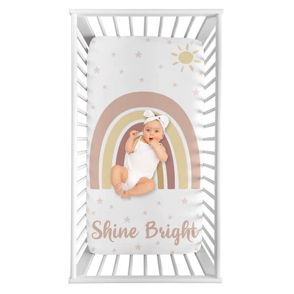 slide 2 of 4, Boho Rainbow Girl Photo Op Fitted Crib Sheet - Blush Pink Dusty Rose Gold Yellow Mauve Taupe Beige Bohemian Stars Sun Celestial