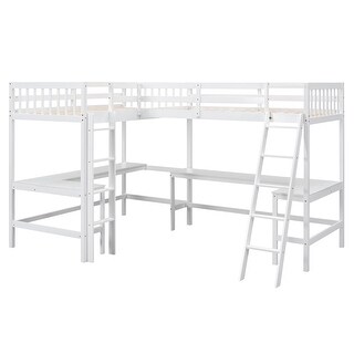 Twin Size L-Shaped Loft Beds Frame with 2 Desks and Ladder, White