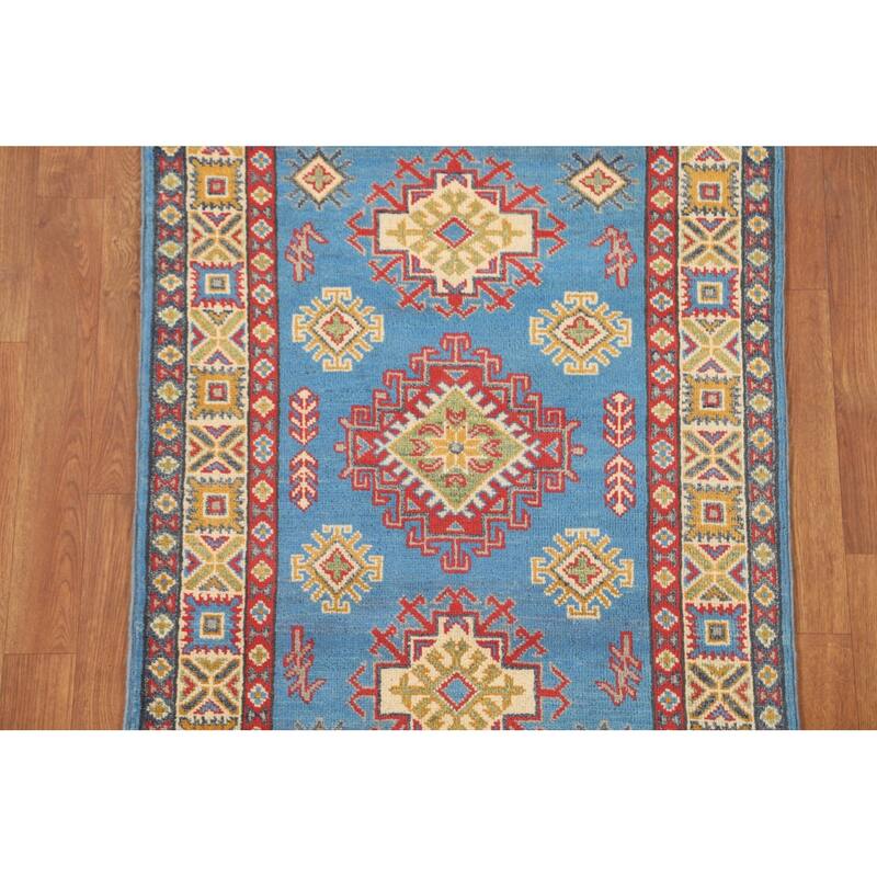 Blue Geometric Kazak Accent Rug Hand-Knotted Bedroom Wool Carpet - 2'7" x 4'0"