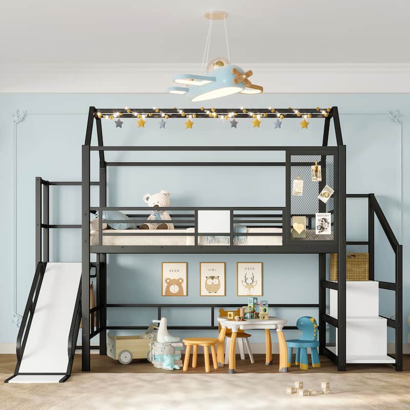 Fun Play House-shaped Loft Bed Metal Bed Frame with Grid and Shelves - Black - Twin