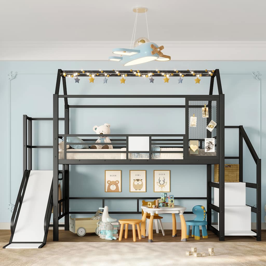 Modern House Shaped Loft Bed with Slide and Storage Stairs, Heavy Duty Metal Playhouse Bed Frame, Noise Free