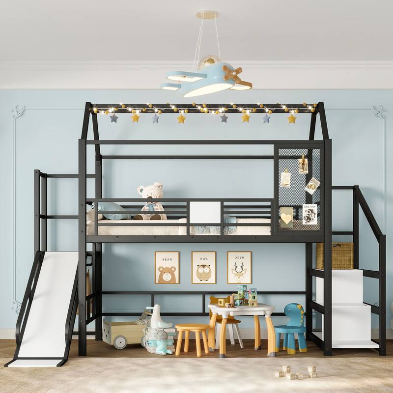 Twin House Loft bed with Slide and Stairs, Metal Playhouse Bed with Storage Shelves, House-shaped Roof and Noise-free Design