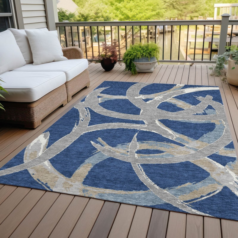 Machine Washable Indoor/ Outdoor Abstract Contemporary Chantille Rug - Navy - 2'6" x 3'10"