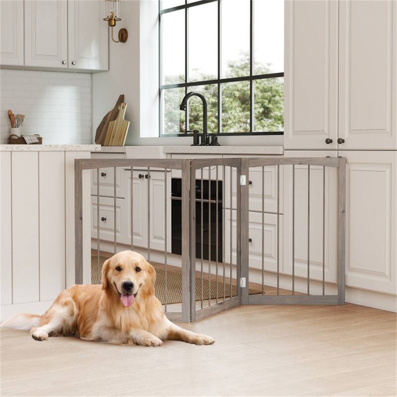 3 Panel Freestanding Wooden Dog Gate Pet Barrier for Doorways Kitchens or Bedrooms - 21" x 1.6" x 30"