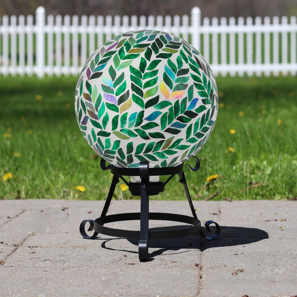 Mosaic Iridescent Leaves Outdoor Garden Gazing Ball 10" White Green