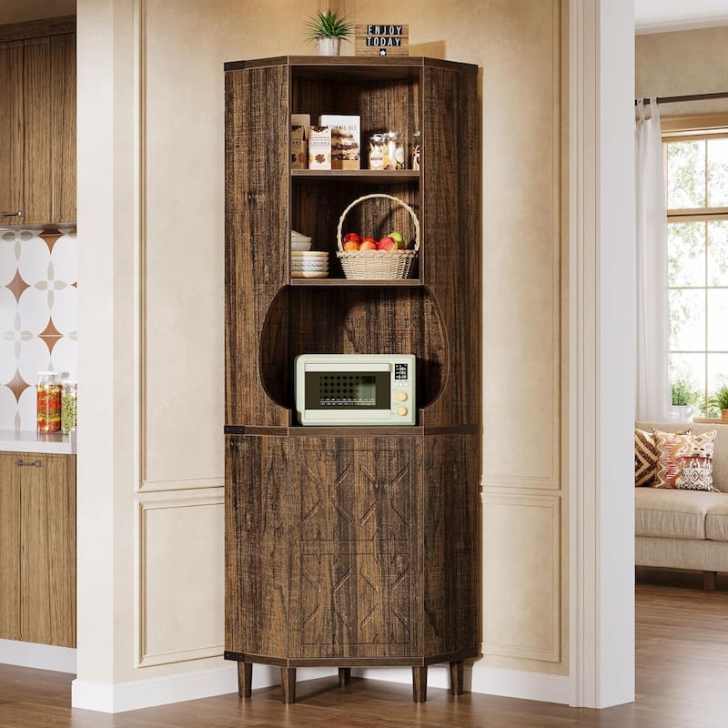 69.29'' Tall Corner Cabinet, Mid Century Kitchen Pantry with Doors, Freestanding Home Space Saver for Living Room, Rustic Brown - Brown