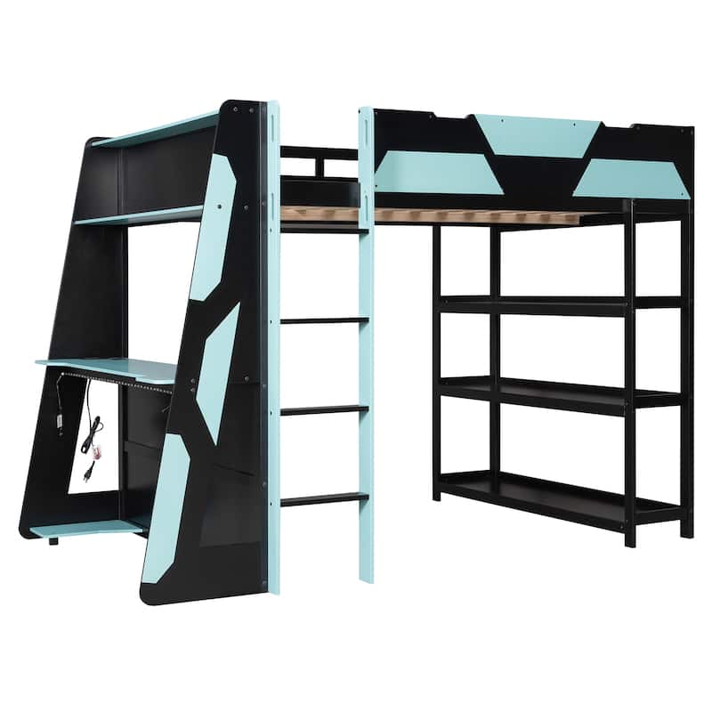 Full Size Gaming Loft Bed Station with Desk, Storage Shelves & RGB LED Lights