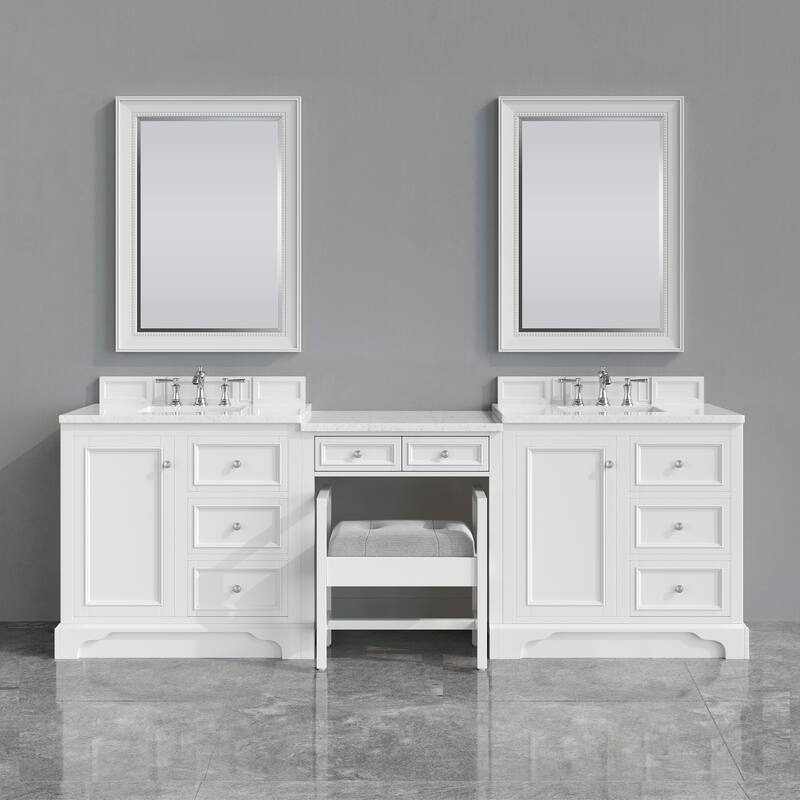 James Martin De Soto 102" Double Sink Bathroom Vanity Deluxe Set, Bright White with 3cm Eternal Jasmine Pearl Quartz Top