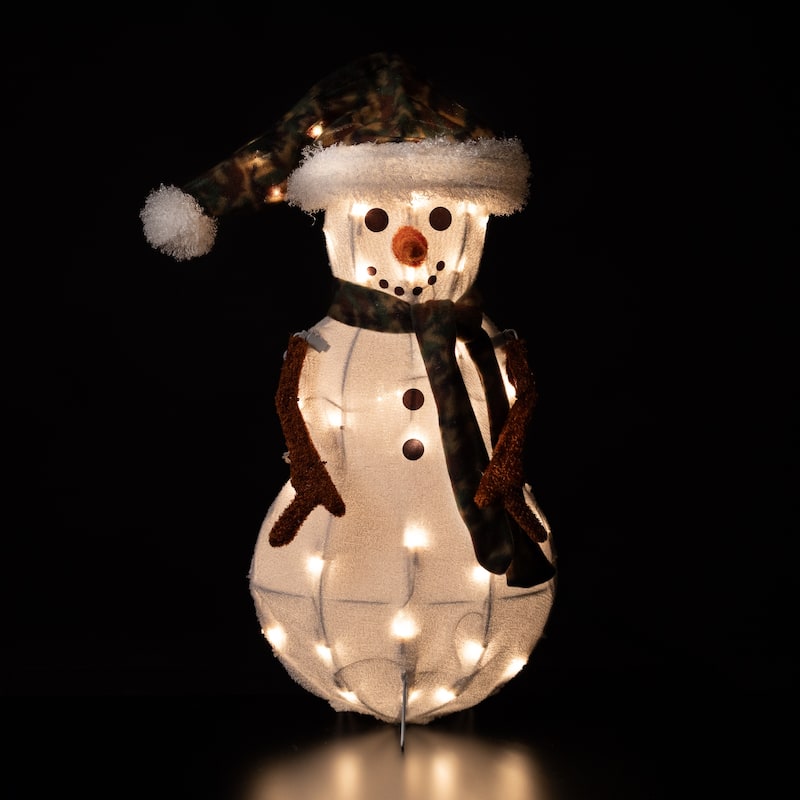 24" Lighted White Green Chenille Snowman Outdoor Christmas Decoration