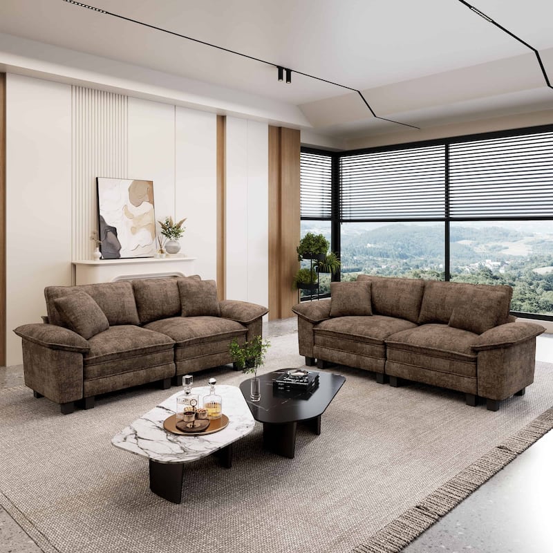 MAISON ARTS 2-Piece Chenille & Corduroy Sofa Set, Comfy 3/4/5-Seater Modular Loveseat & Armchair with Throw Pillows - Brown Chenille(4 Pieces) - Left Facing