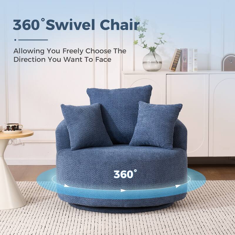 Oversized Swivel Round Barrel Chair, Ergonomic Single Sofa Chair, Upholstered Accent Chair with 3 Removable Pillows