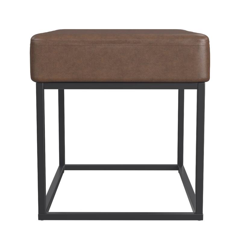 Kai Ottoman Footstool, Dark Brown Faux Leather, Black Metal, 22 Inch