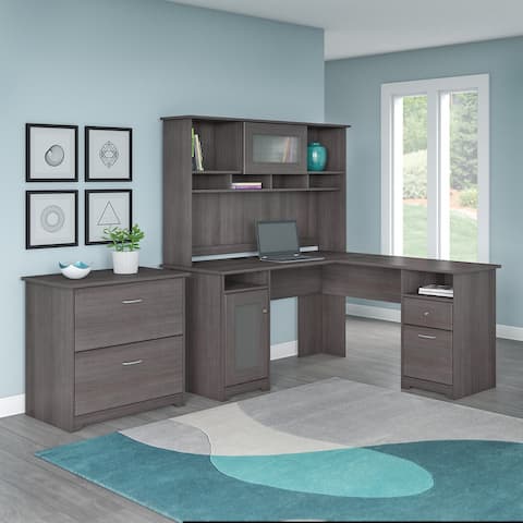 Cabot 60W L-Shaped Desk with Hutch and File Cabinet by Bush Furniture