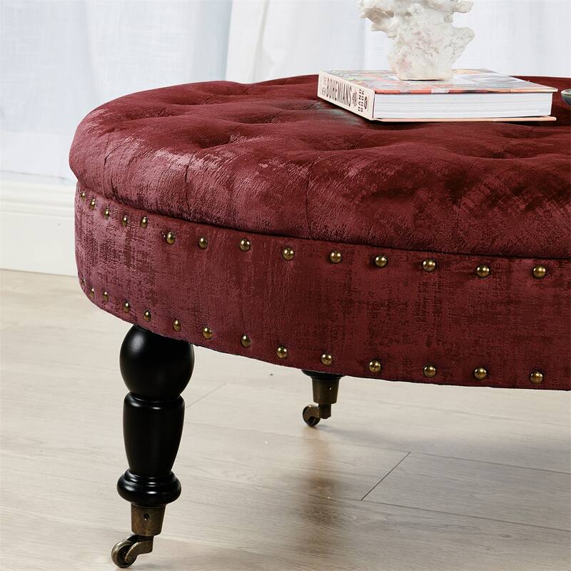 Round Velvet Tufted Coffee Table Ottoman, 34" x 34" x 17" H