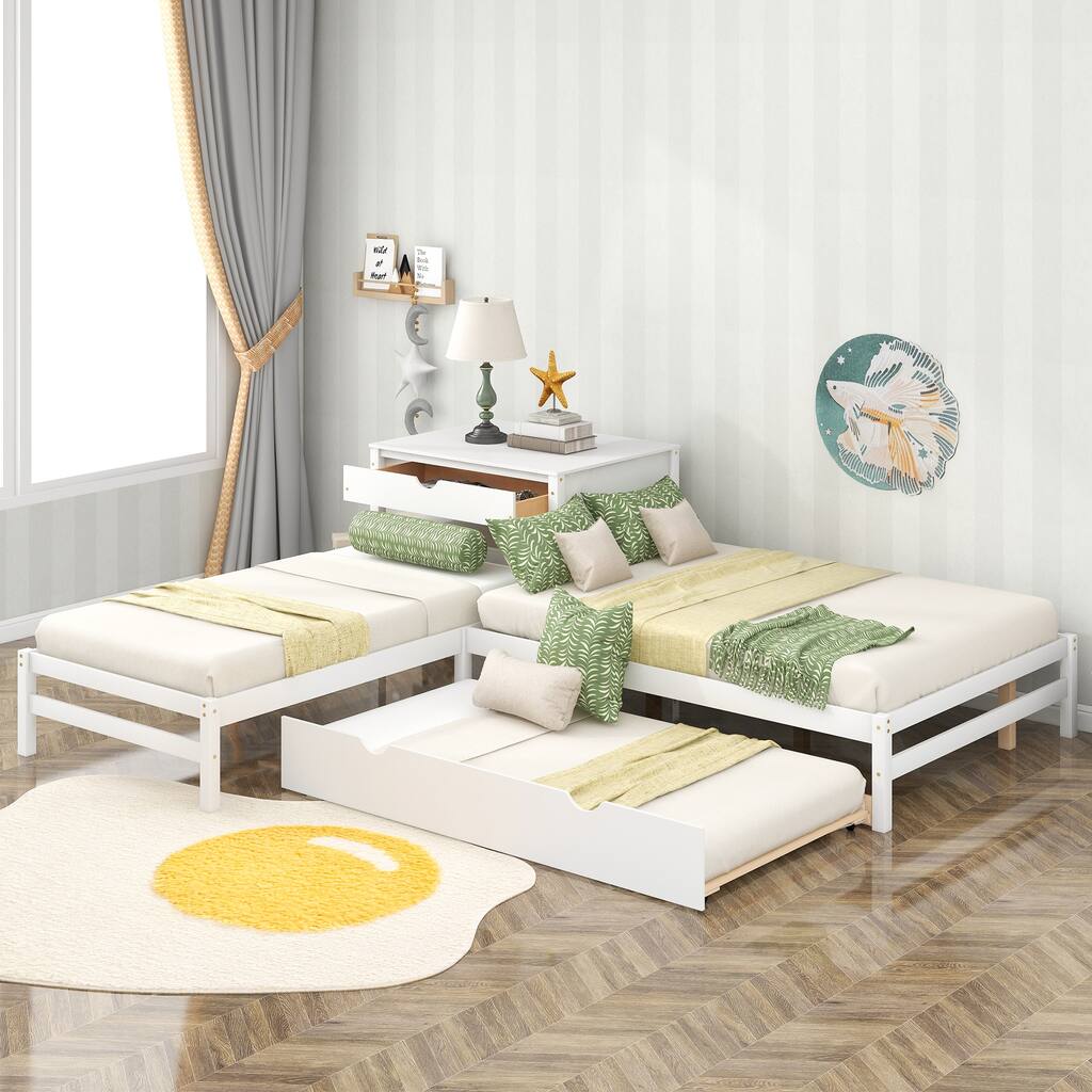 L-Shaped Full Size and Twin Size Platform Beds with Twin Size Trundle and Drawer Linked with Built-in Rectangle Table