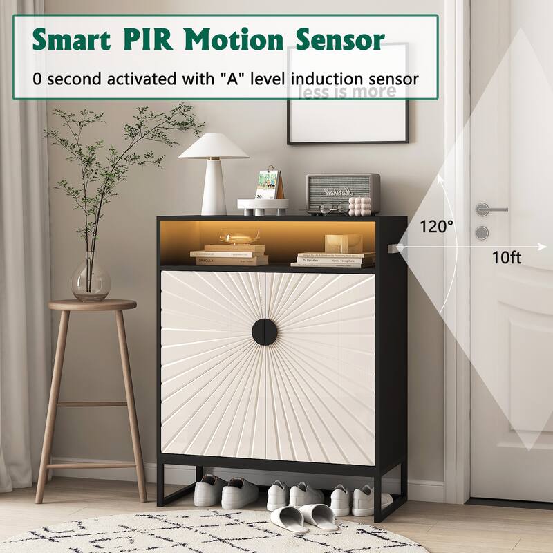 Wooden Shoe Cabinet with Motion Sensor Night Light, Freestanding Narrow Shoe Rack, Organizer Cabinet with Doors & Open Shelves