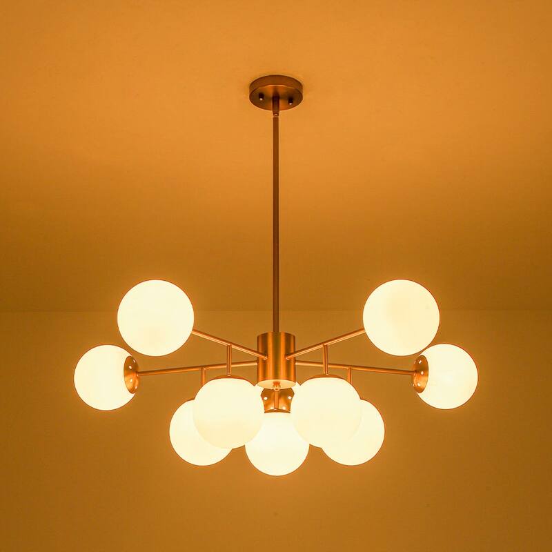 Mid-century 10-Light Sputnik Living Room Frosted Glass Orb Chandelier - 38.0 in
