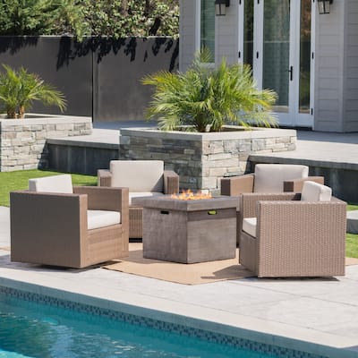 Puerta Outdoor 4-piece Wicker Swivel Chair Set with Square Firepit by Christopher Knight Home