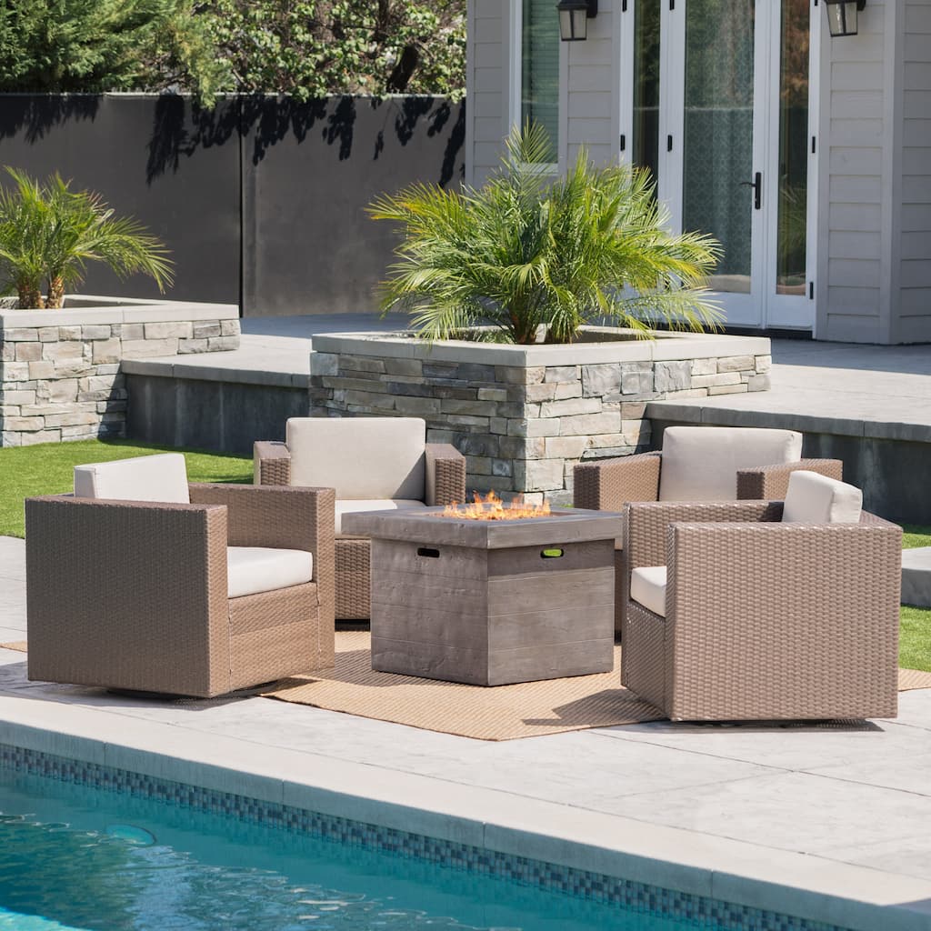 Puerta Outdoor 4-piece Wicker Swivel Chair Set with Square Firepit by Christopher Knight Home