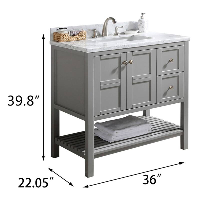 BATHLET Grey 36 inches Bathroom Vanity with Marble Top and Open Shelf