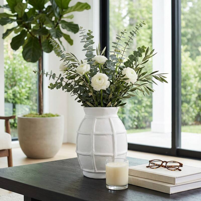 Paper Mache Raised Grid Texture Modern Vase - White, 14"