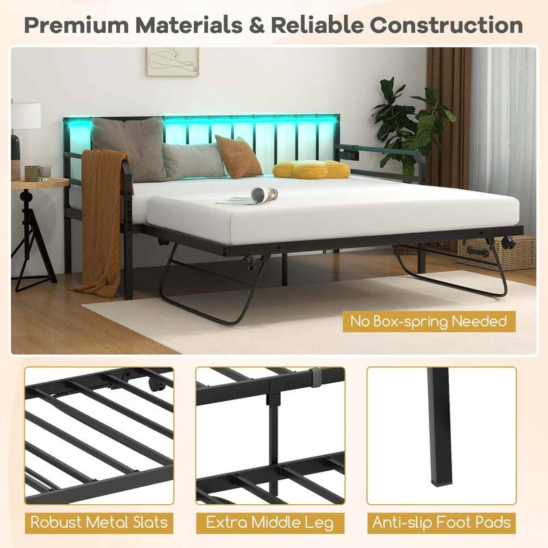 Costway Twin Size Daybed with Pop-up Trundle Charging Station & LED