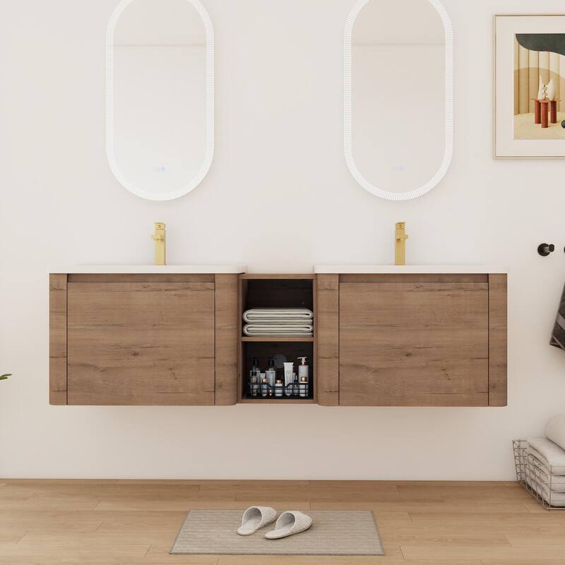 Bathroom Vanity With Sink In 24/28/36/40/60/68 Inch, Floating Bathroom Vanity With Soft Close Door - Imitative Oak - 67.7''W×18.7''D×19.9''H