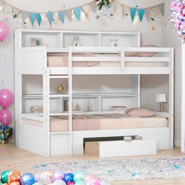 slide 2 of 13, Twin Size Bunk Bed with Built-in Shelves Beside both Upper and Down Bed and Storage Drawer,Easy to Assemble,White White