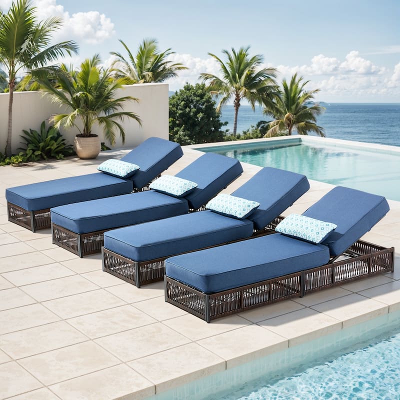 ArcoBay Brown Wicker Outdoor Patio Chaise Lounge with 5-Inch Thick Cushions (4-Pack) - Navy Blue