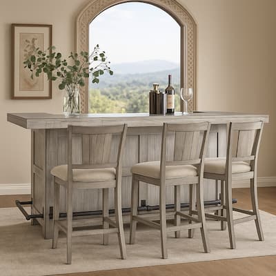 Zeka Freestanding Bar Table, Pull Out Tray, 80 Inch Top, Gray Wood