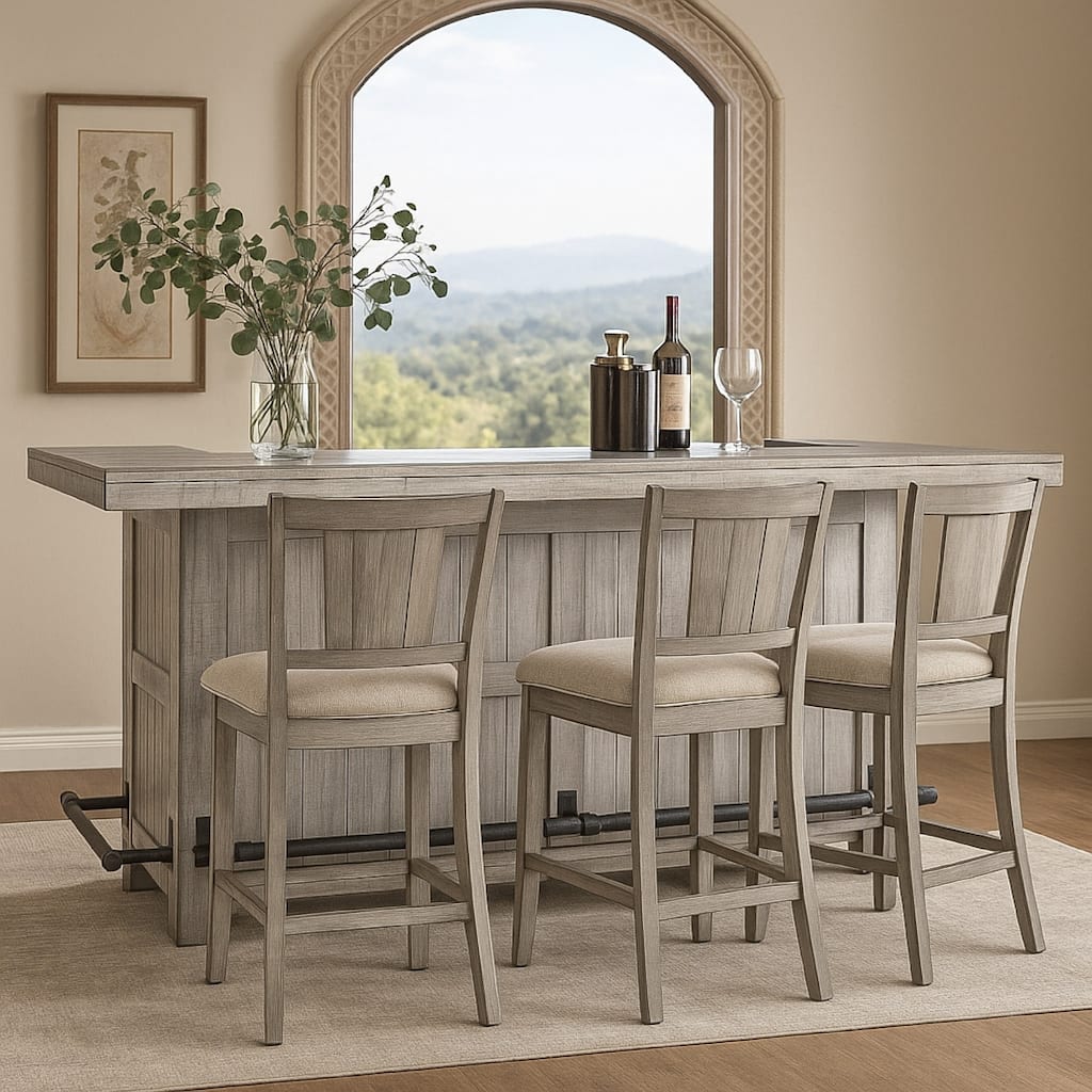 Zeka Freestanding Bar Table, Pull Out Tray, 80 Inch Top, Gray Wood