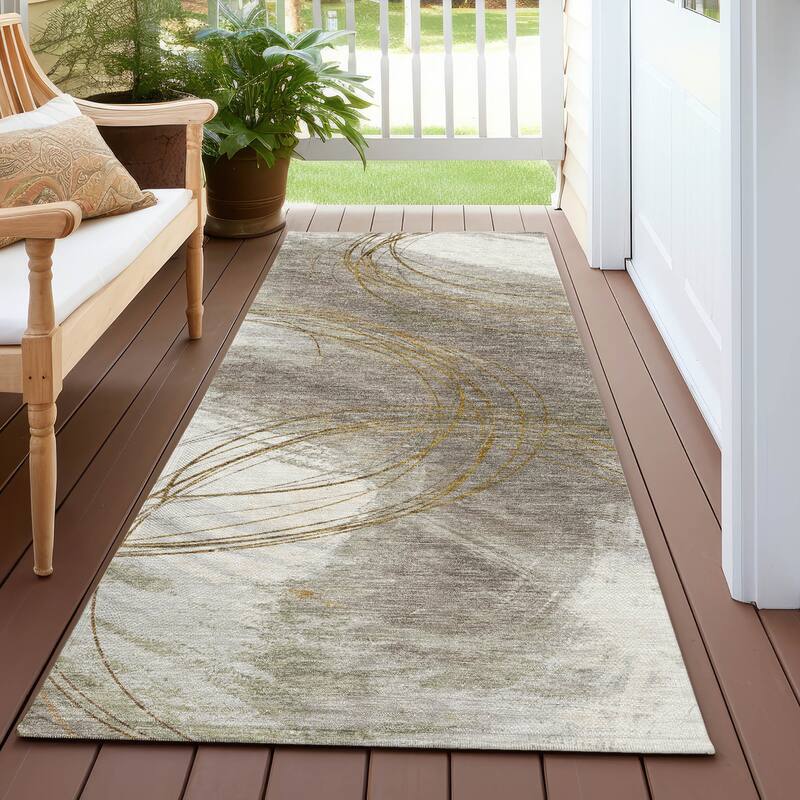 Machine Washable Indoor/ Outdoor Abstract Modern Chantille Rug - Khaki - 2'3" x 7'6"