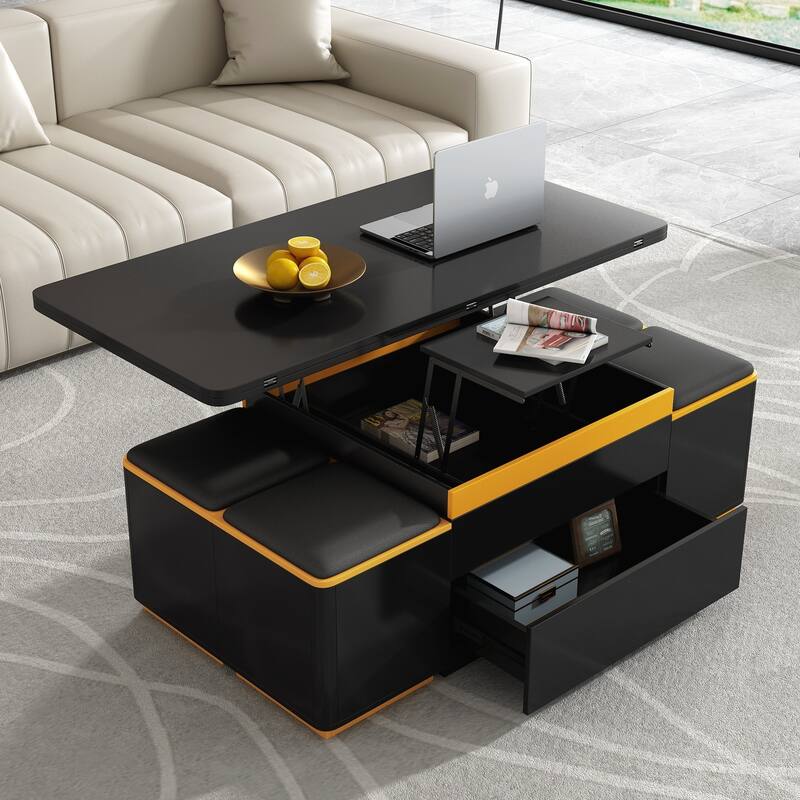 Lift-Top Coffee Table with 4 Storage Stools, Modern Space Saving Center Table , Multi-Functional Adjustable Coffee Table