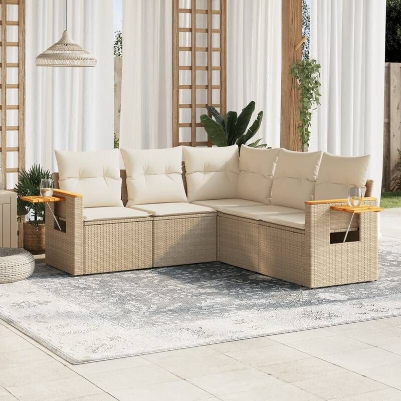 vidaXL Patio Sofa Set with Cushions Outdoor Conversation Furniture Poly Rattan - 24.4 x 33.5 x 27.2 in - Beige and cream without table