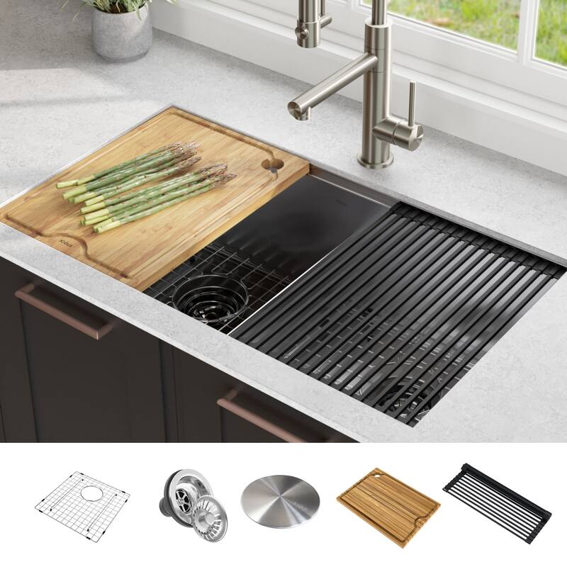 KRAUS Kore Workstation Undermount Stainless Steel Kitchen Sink - Double Basin 33" L x 19" W (sink KWU112-33) - Stainless Steel