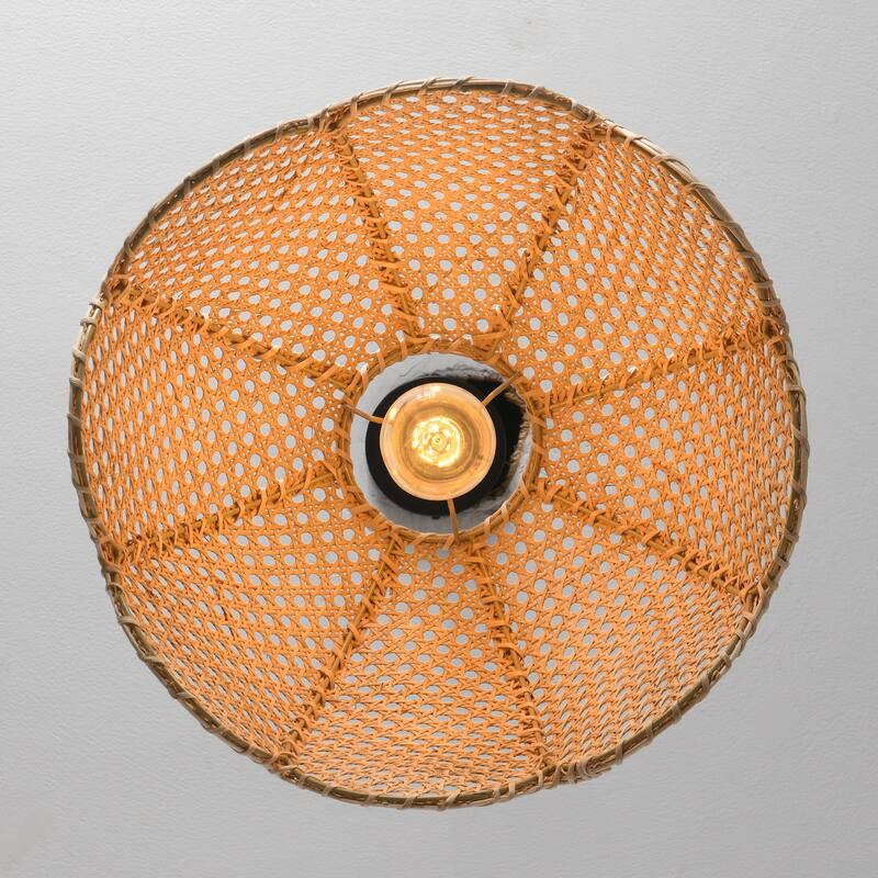 1-Light Farmhouse Flower Shaped Brown Hand-Woven Natural Rattan Hanging Pendant Light - 15.7" W x 55" H