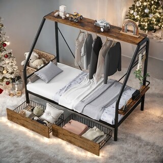 Twin Size Platform Bed with Clothes Rack,Storage Shelves and 2 Drawers