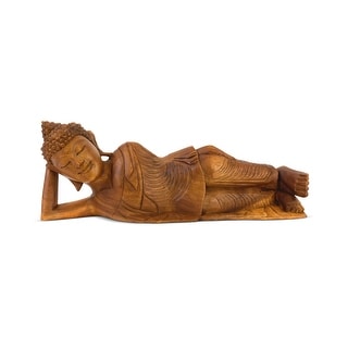 Wooden Hand Carved Serene Reclining Buddha Statue Sculpture Handmade Figurine Decorative Home Decor Accent Handcrafted