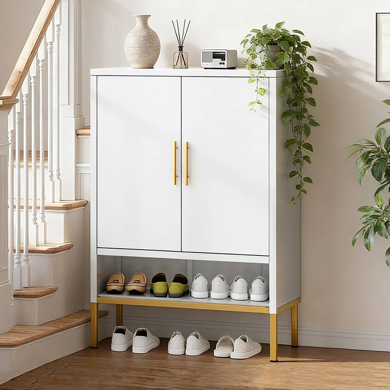 40" Tall 2-Door Metal Shoe Cabinet - 7-Tier Hidden Organizer with Adjustable Shelves for Entryway, Closet, Bedroom