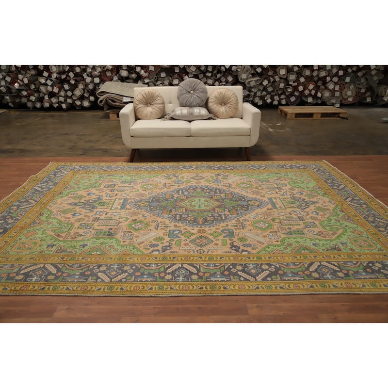 Hand Knotted Oriental 100% Wool Carpet Traditional Floral Peach Tabriz Area Rug - 11' 0'' X 8' 2''