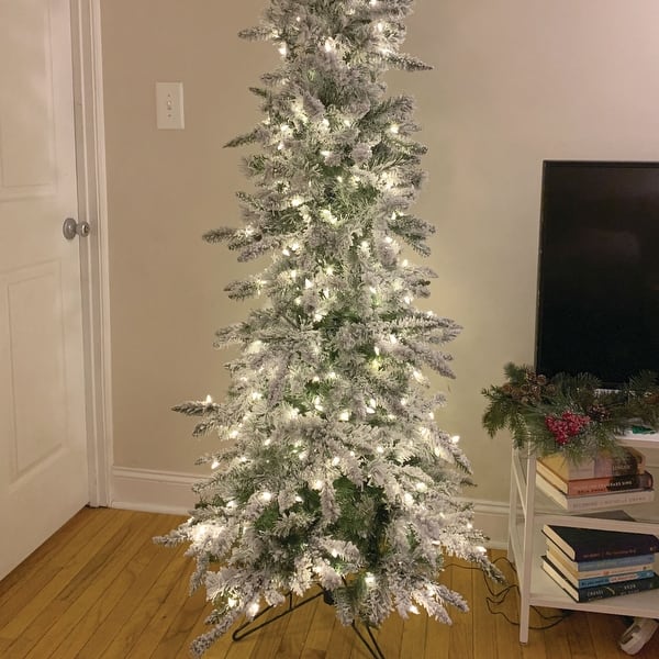 slide 2 of 16, Fraser Hill Farm 6.5-Ft. Slim Mountain Pine Flocked Christmas Tree with Warm White LED Lights