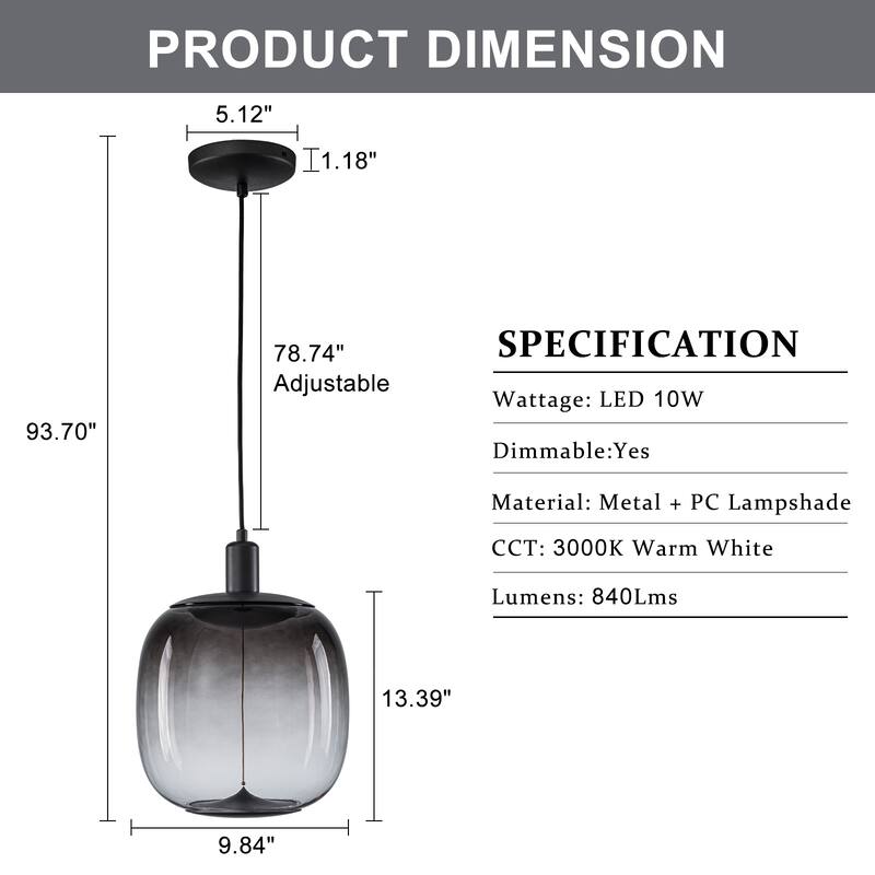 Smoke Gradient Clear Plastic LED Globe Pendant Light